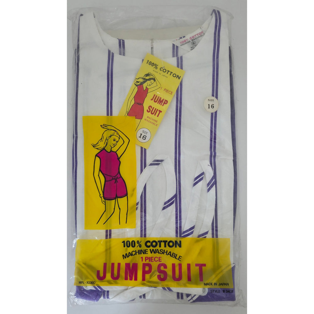 VINTAGE *NEW* 1960's Purple/White Stripe Waist Tie Romper Size 16 Made in Japan