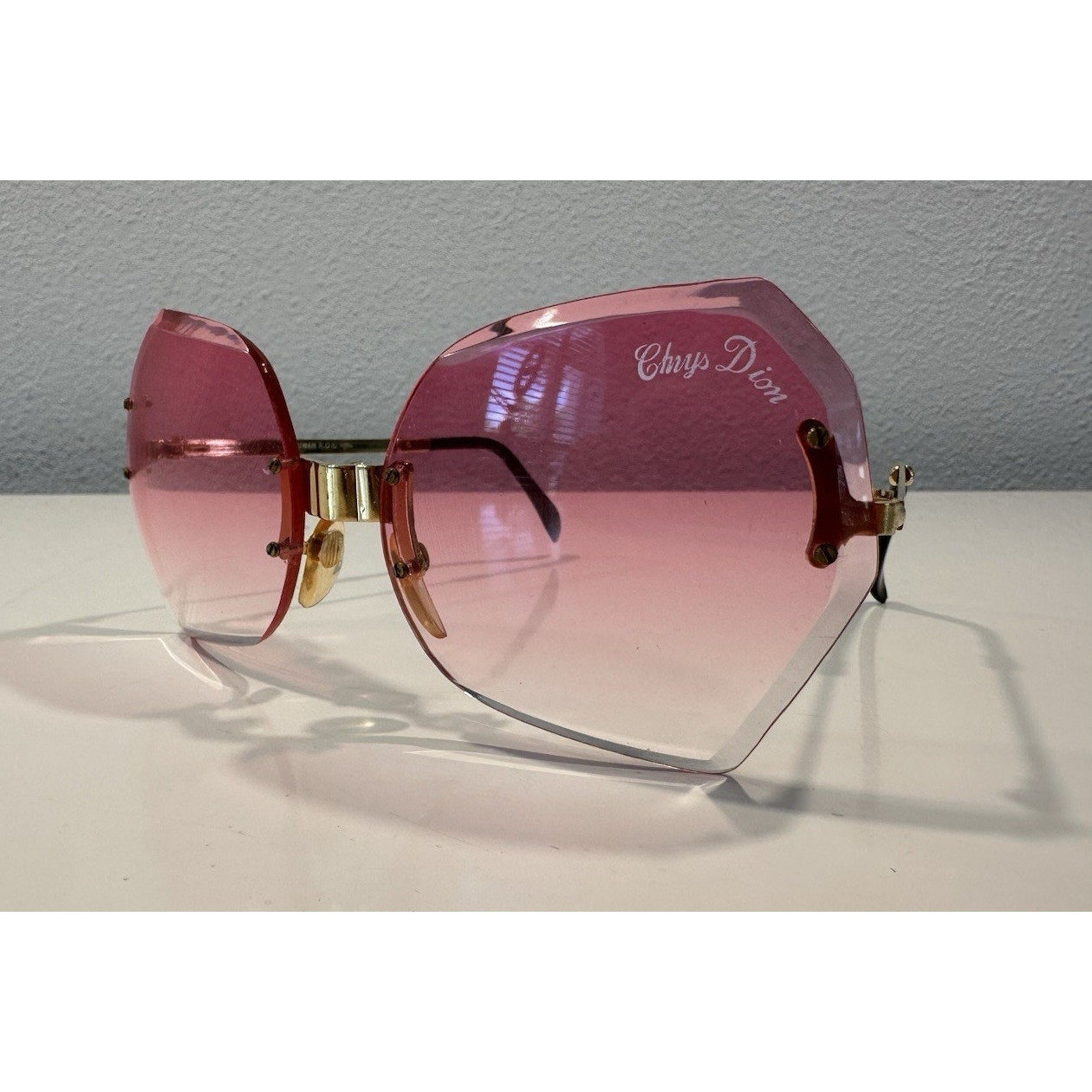VINTAGE *NEW* 1970's Chrys Dior Gold Folding with Pink Lens Sunglasses & Case