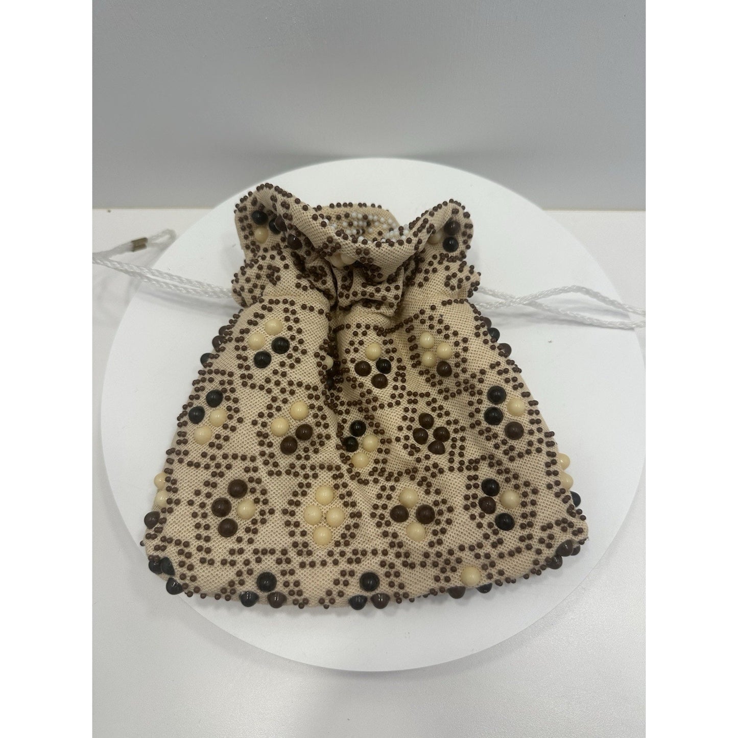 VINTAGE *NEW* 1970's Hand-Beaded Cinch Purse in Taupe with Black/White Beads