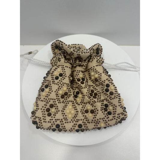 VINTAGE *NEW* 1970's Hand-Beaded Cinch Purse in Taupe with Black/White Beads