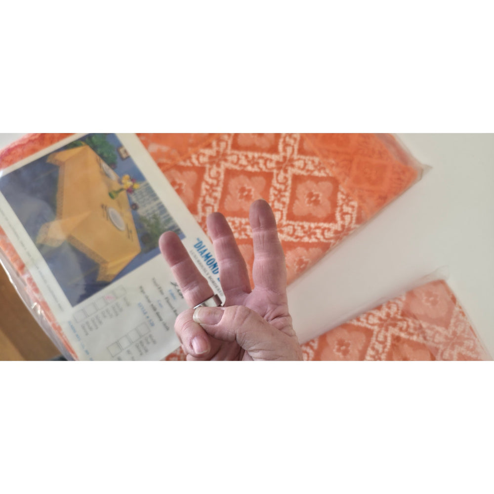 VINTAGE *NEW* Diamond Lace Square 52"X70"" Flannel Back Tablecloth USA - Orange