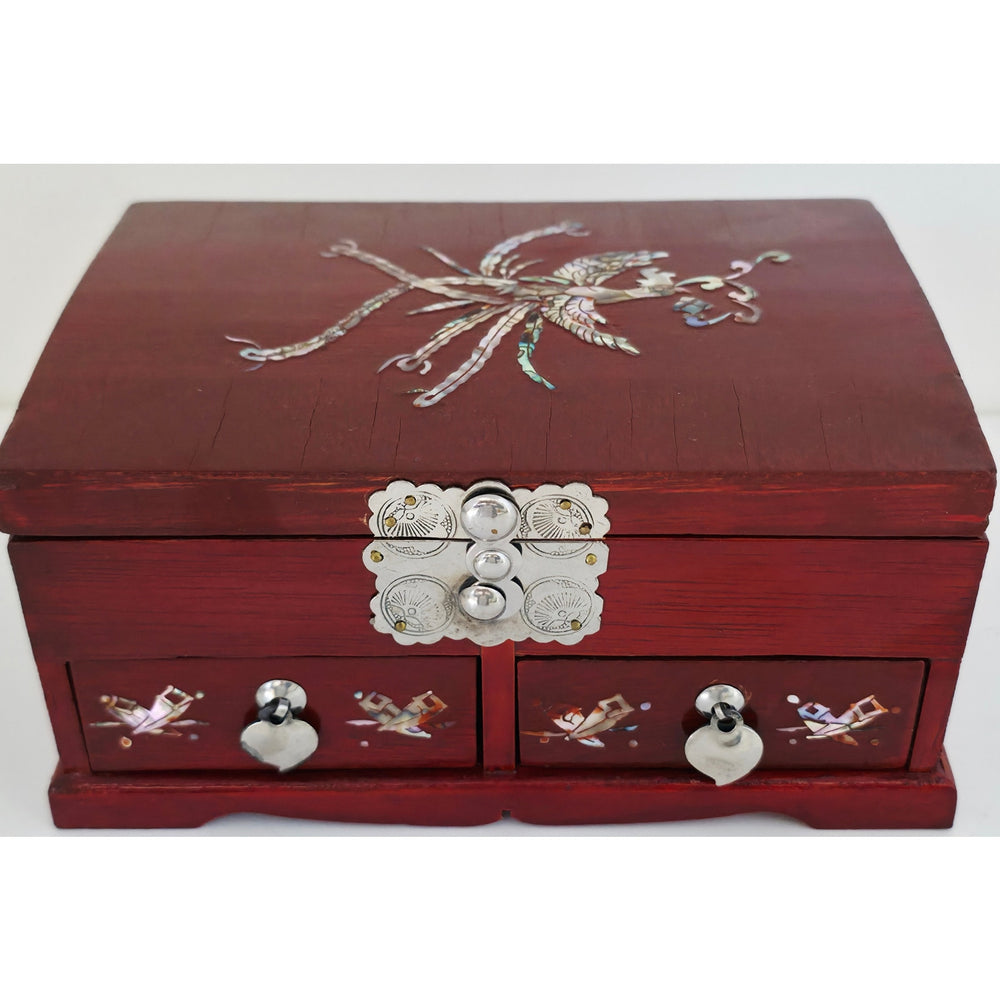 VINTAGE *NEW* 1970's Cherry Brown Wooden Jewelry Box with Ornamental Design