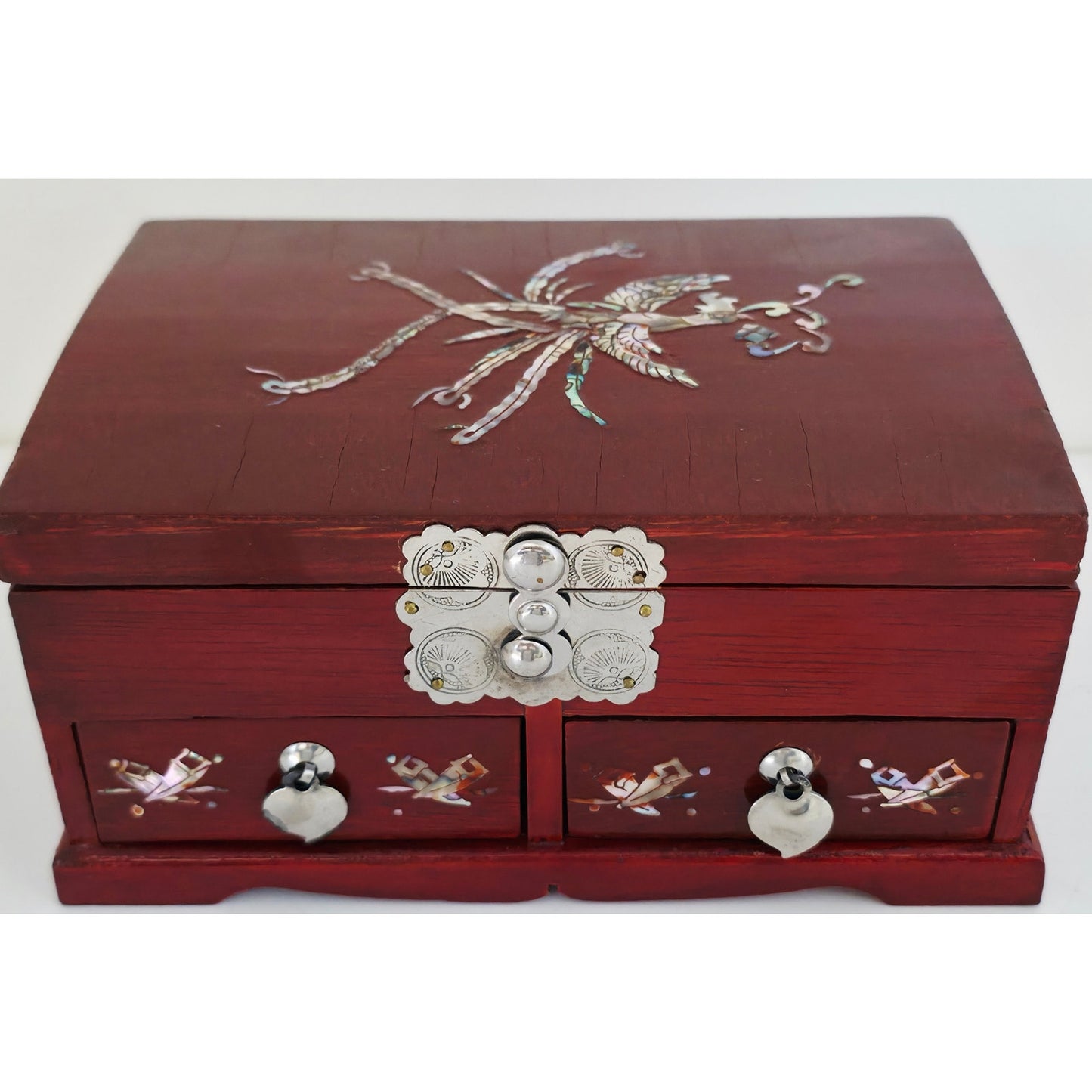 VINTAGE *NEW* 1970's Cherry Brown Wooden Jewelry Box with Ornamental Design