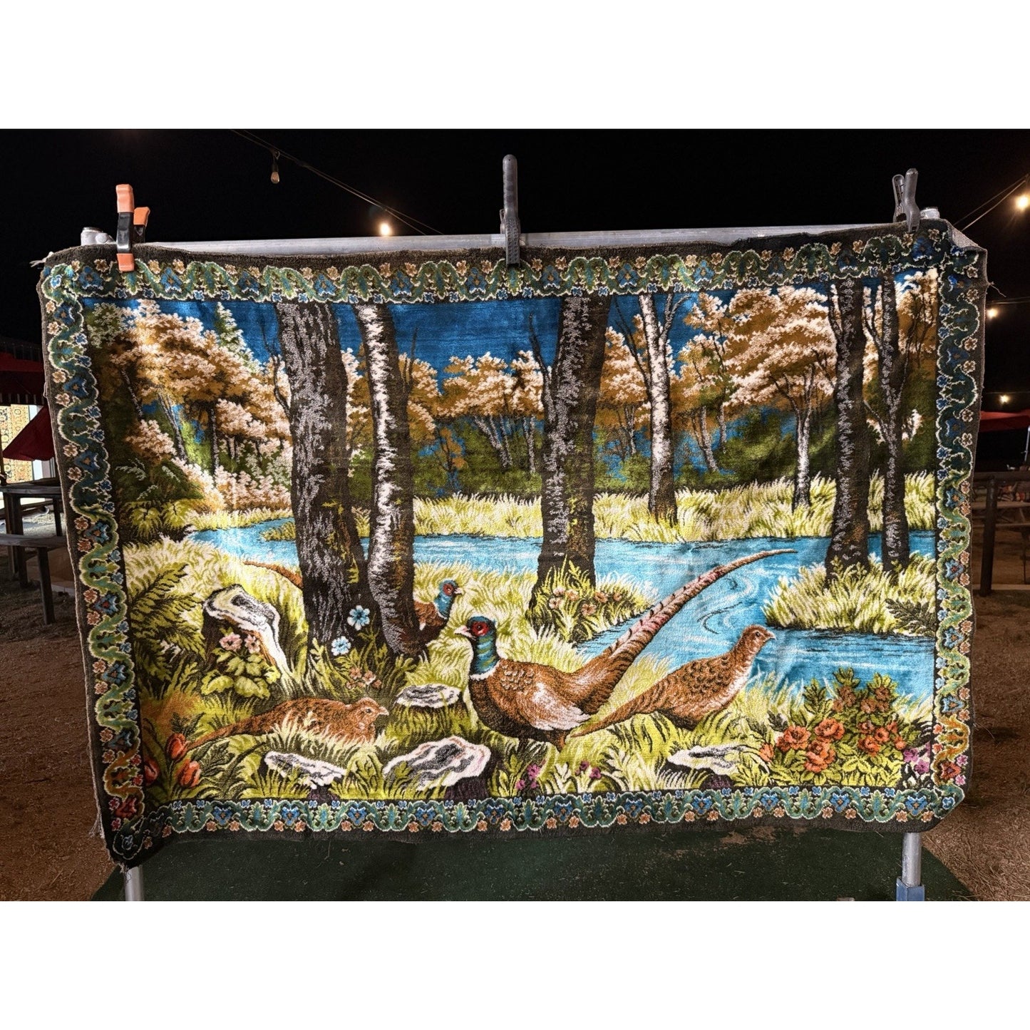 VINTAGE *PRISTINE* 1960's The Covey Of Quail Moroccan Velvet Tapestry