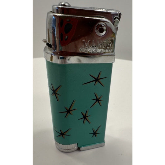 VINTAGE *NEW* 1960's Manor Butane Lighter Aqua w/Stars