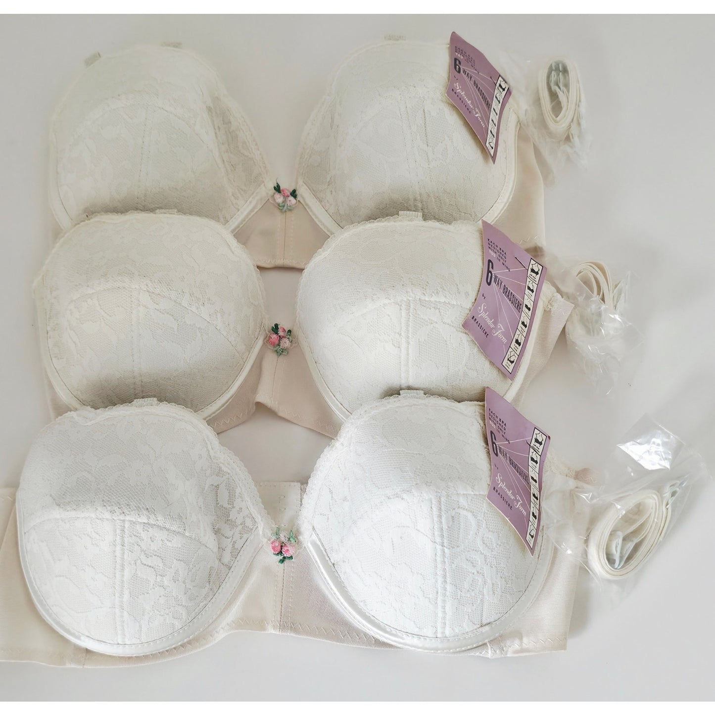 VINTAGE *NEW* 1960's Splendor Form Women's White Strapless 6-Way Bra Sz 36B 3-pk