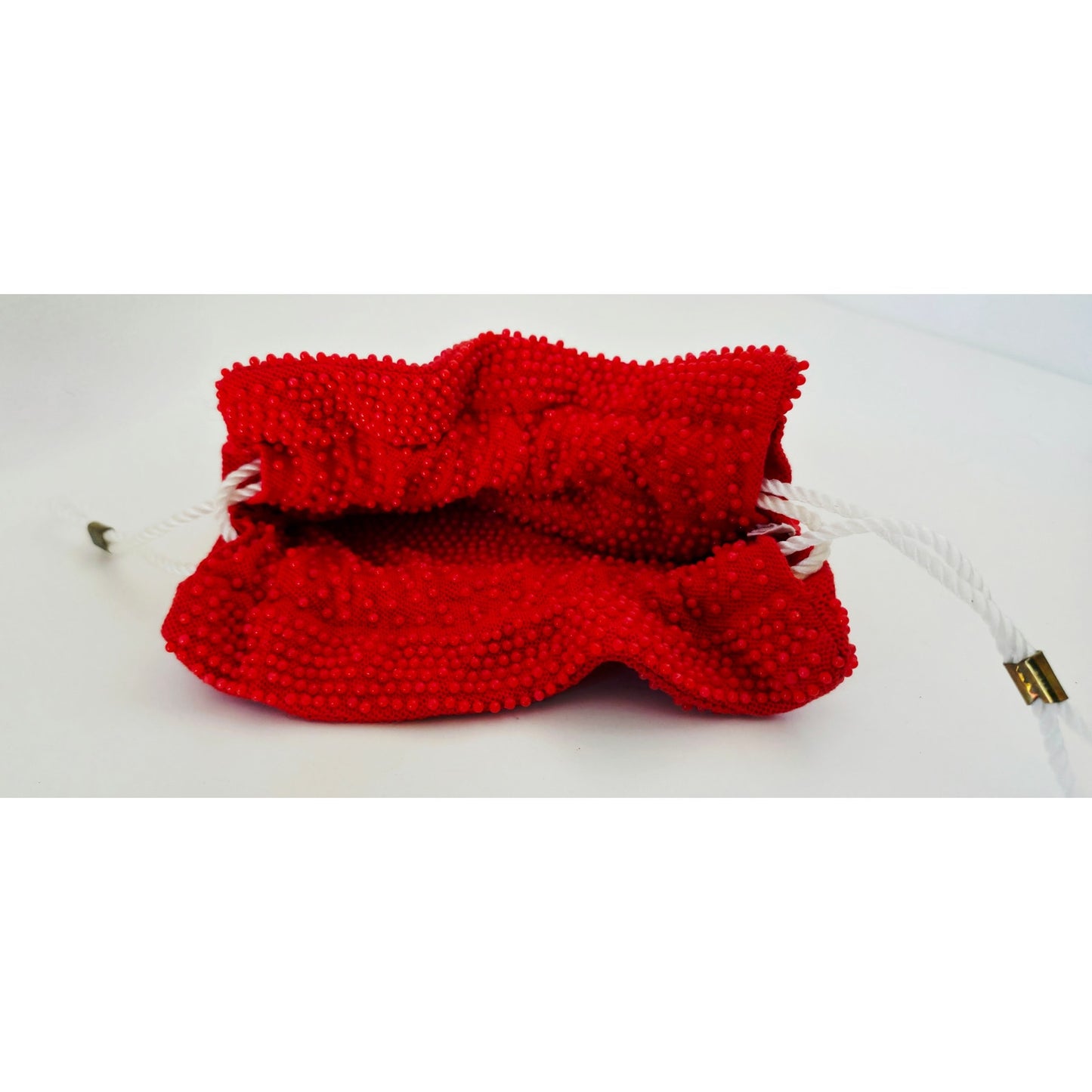 VINTAGE *NEW* 1960's Red  Beaded Drawstring Cinch Purse with Fringe