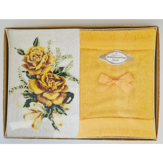 VINTAGE *NEW* 1960's Golden Crown Decorative Guest Towels Yellow with Flowers Set 2