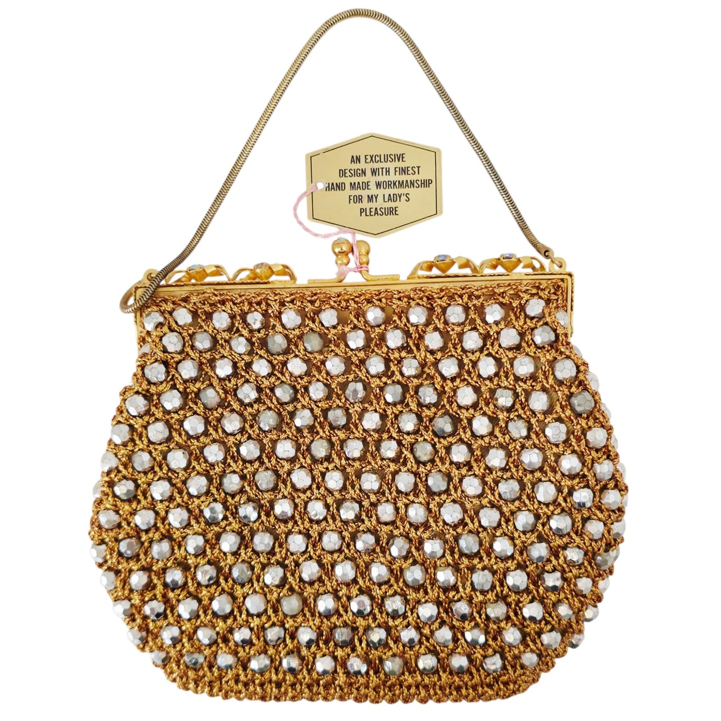 VINTAGE *NEW* 1960's Hand-Made Fancy Beaded Purse White Gold Strap