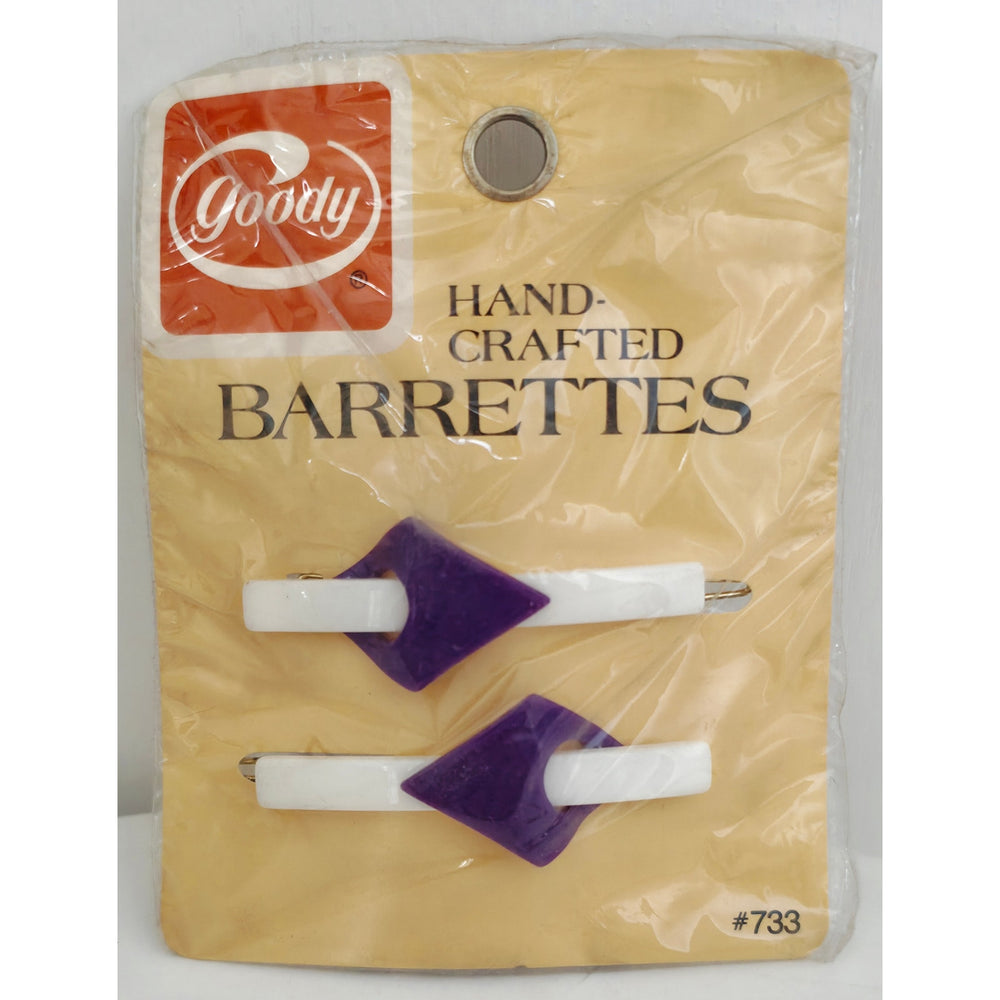 VINTAGE *NEW* 1982 Goody #733 White & Blue Hand Crafted Barrettes Set of 2 USA