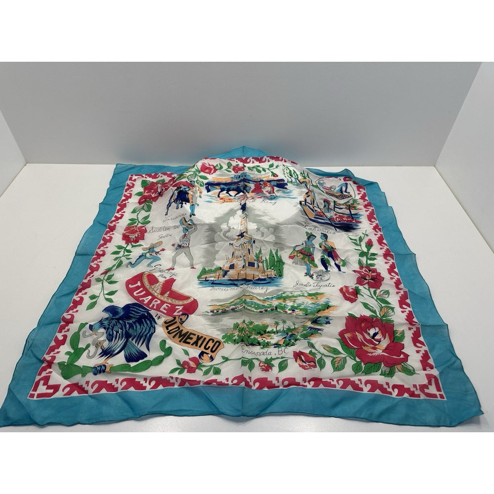 VINTAGE "NEW" 1950's "Juarez" Hand-Rolled Silk Rayon Scarf 31" x 31" - Blue Trim