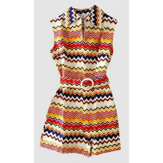 VINTAGE *NEW* 1960's Chevron Print Waist Tie Romper Size 14 Japan