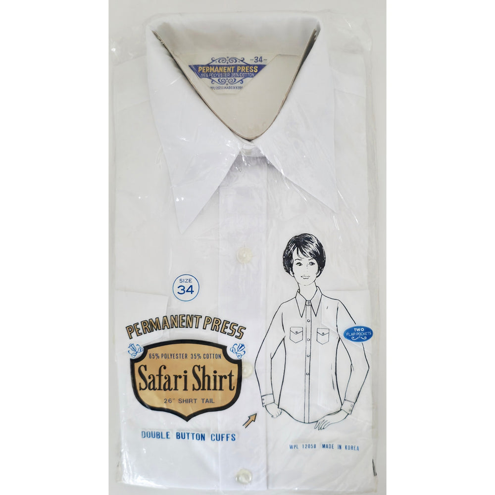 VINTAGE *NEW* 1970's Women's White Safari Shirt Poly/Cotton Blend Size 34