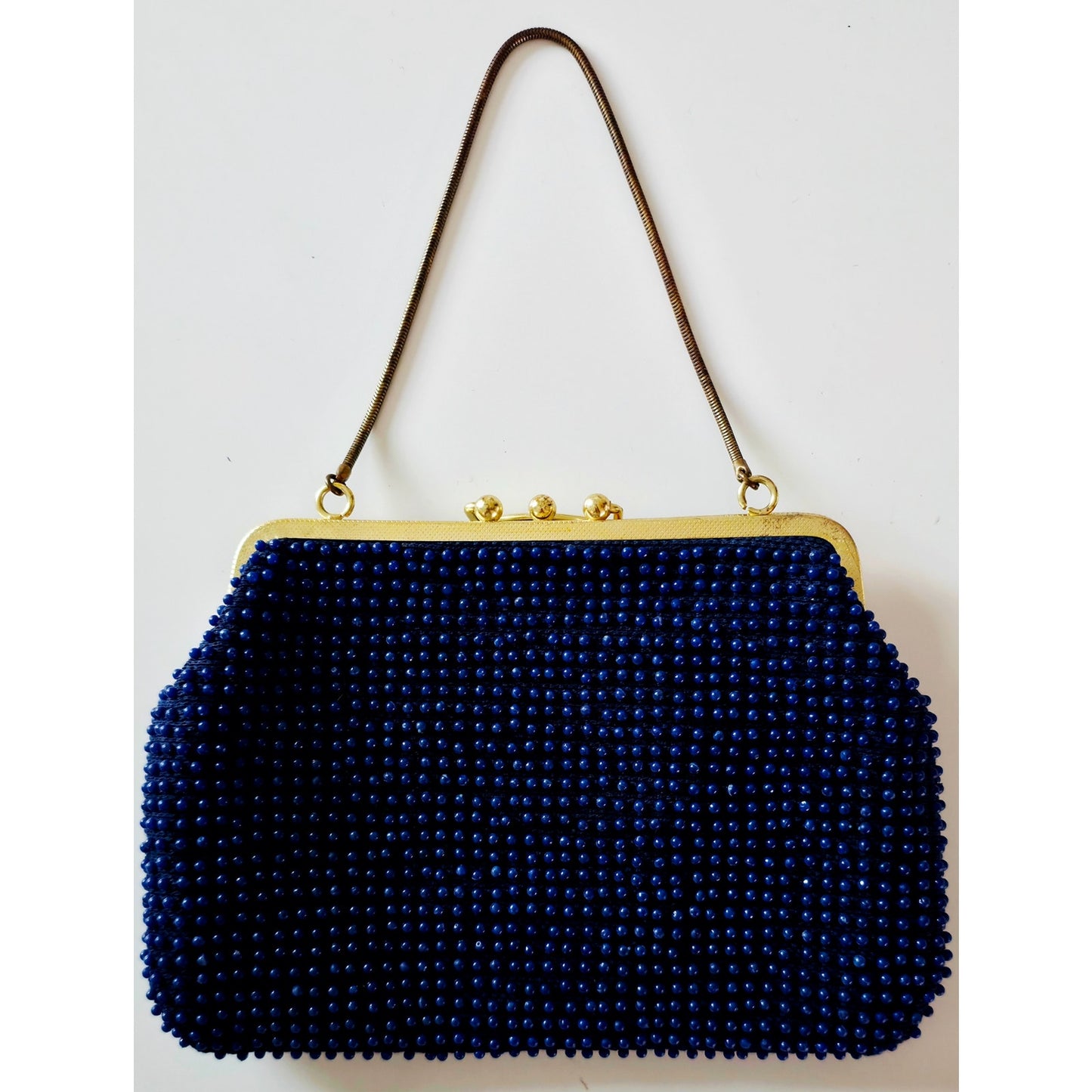 VINTAGE *NEW* 1960's Fancy Beaded Purse Blue with Bronze Strap