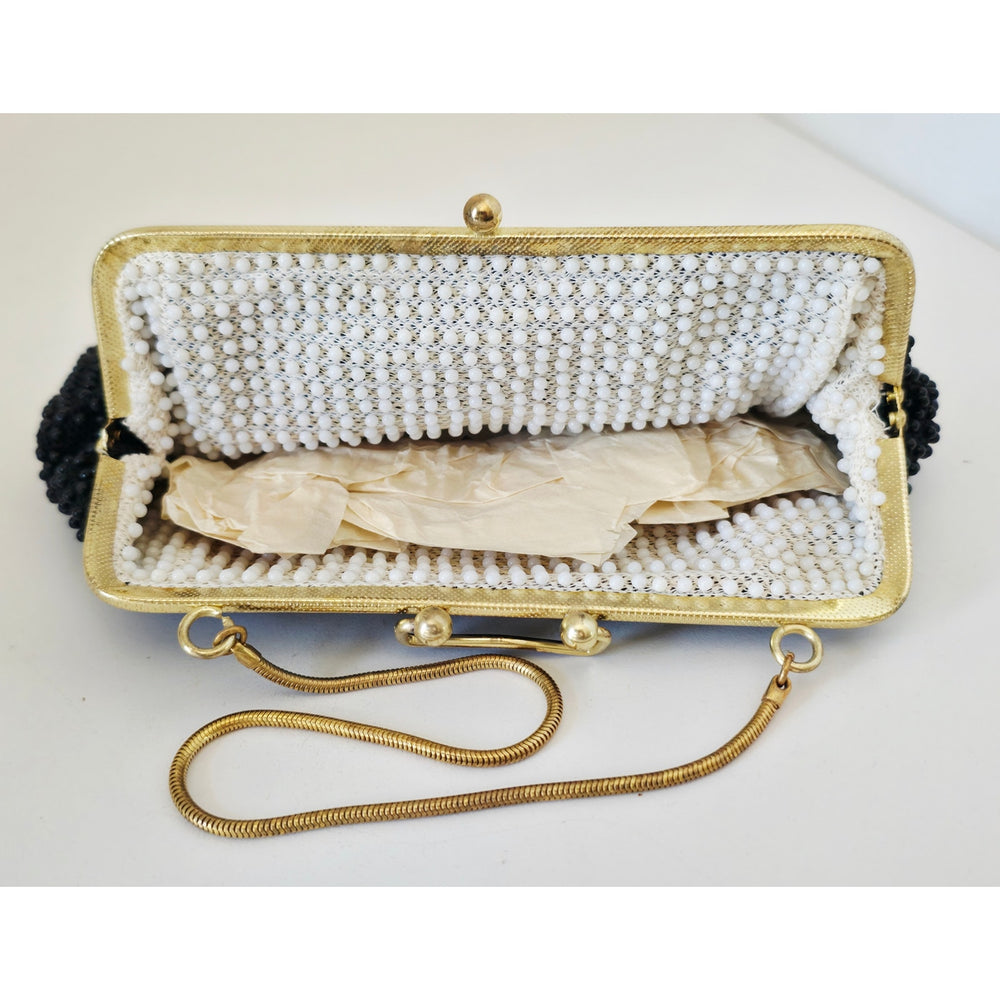 VINTAGE *NEW* 1960's Fancy Beaded Purse Black with Bronze Strap