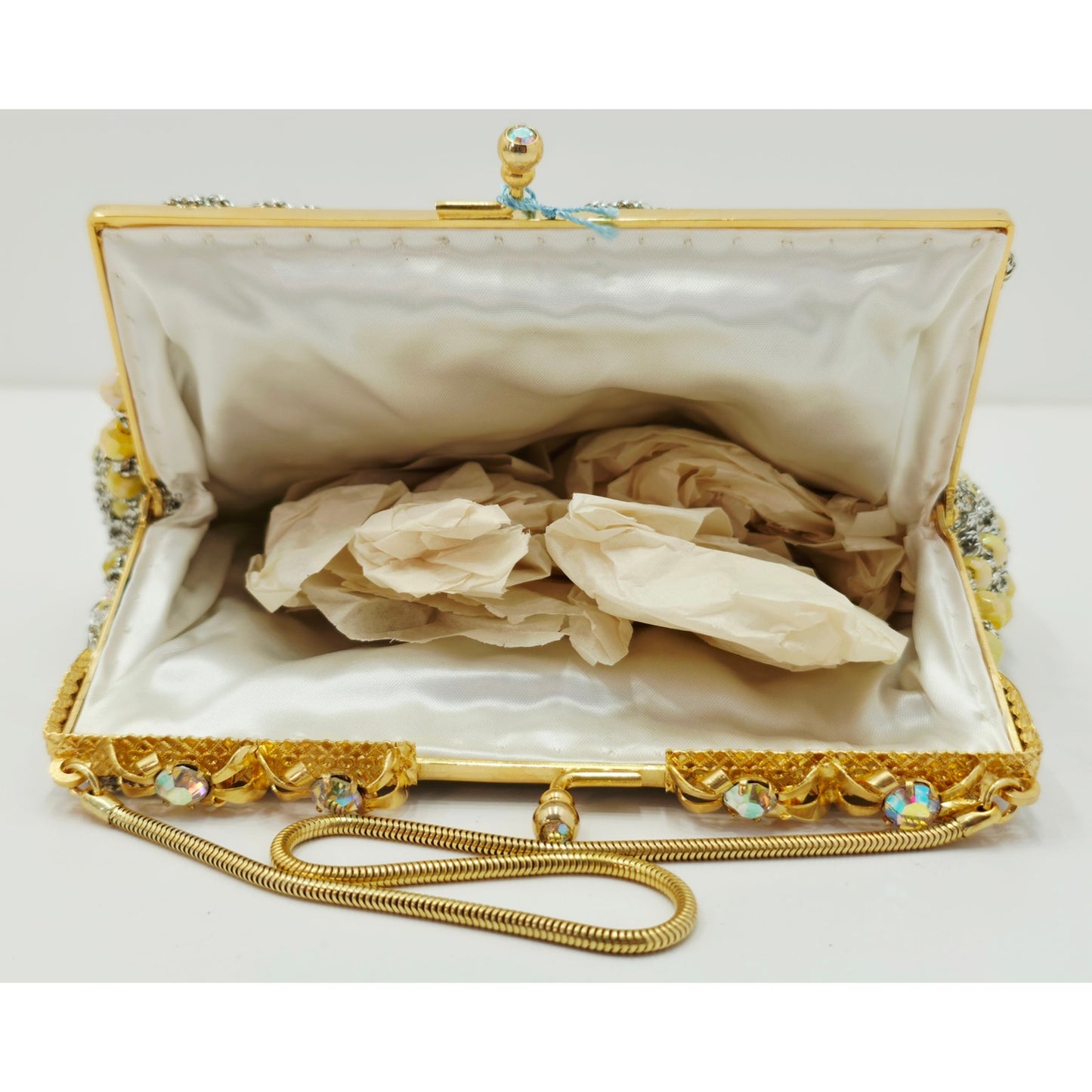 VINTAGE *NEW* 1960's Hand-Made Fancy Beaded Purse Yellow & Silver w/Gold Strap