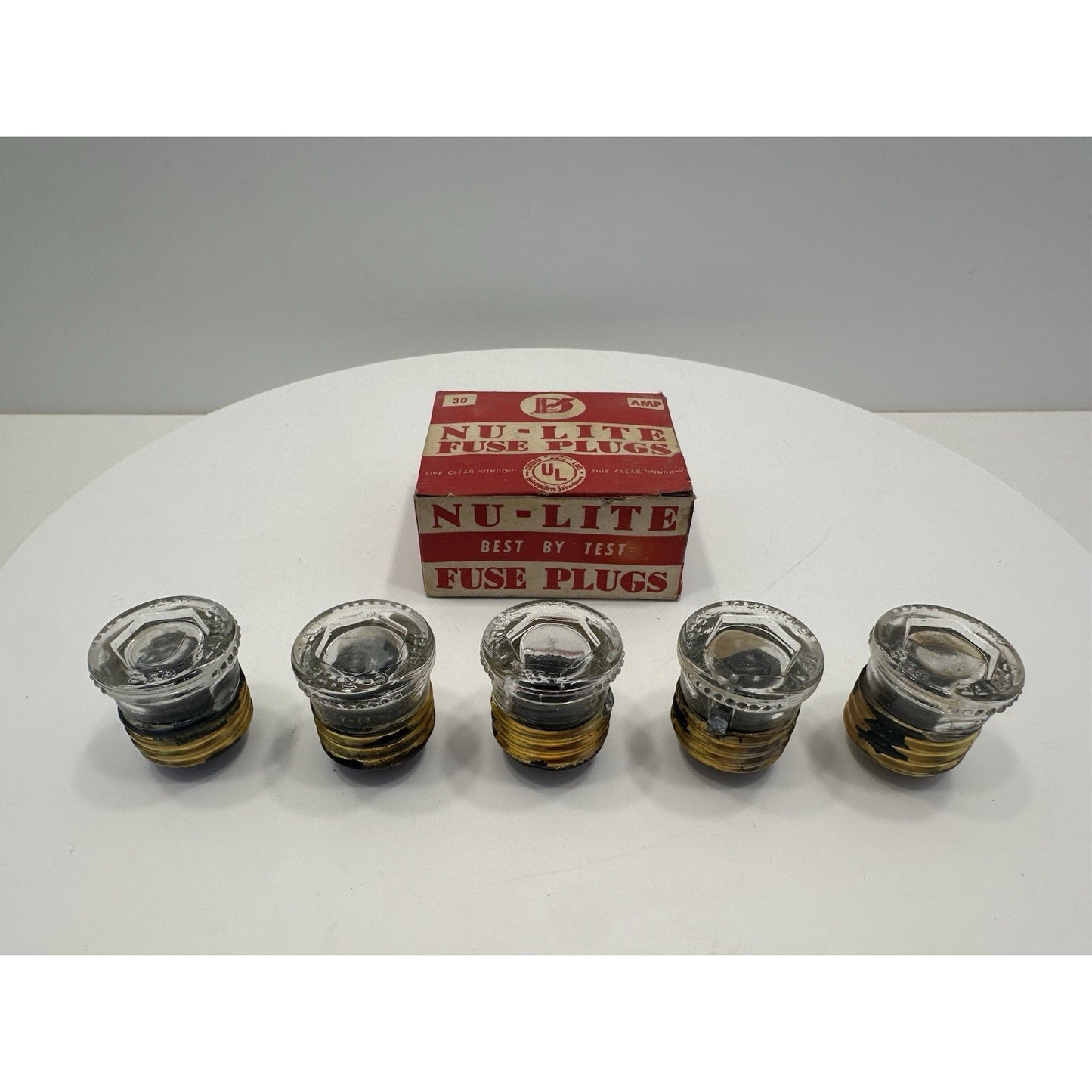 VINTAGE *NEW* 1970's Nu-Lite Glass Fuse Plugs 15 Amp 125 Volt USA, 5 Per Box
