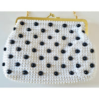 VINTAGE *NEW* 1950's White and Black Beaded Clutch Purse with Gold Chain