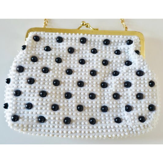 VINTAGE *NEW* 1950's White and Black Beaded Clutch Purse with Gold Chain