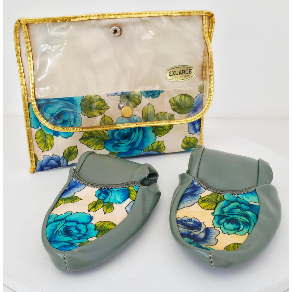 VINTAGE *NEW* 1950's Japanese Blue Rose Floral Folding Shoes with Original Matching Carrying Case