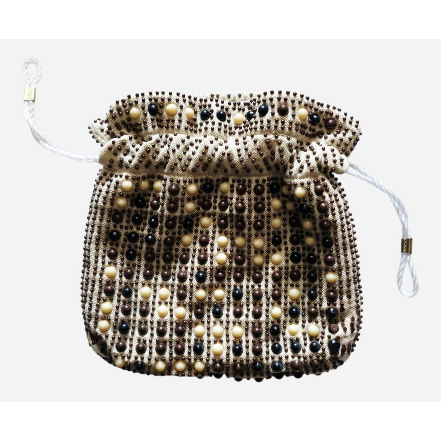 VINTAGE *NEW* 1960's Cream and Brown Beaded Cinch Purse
