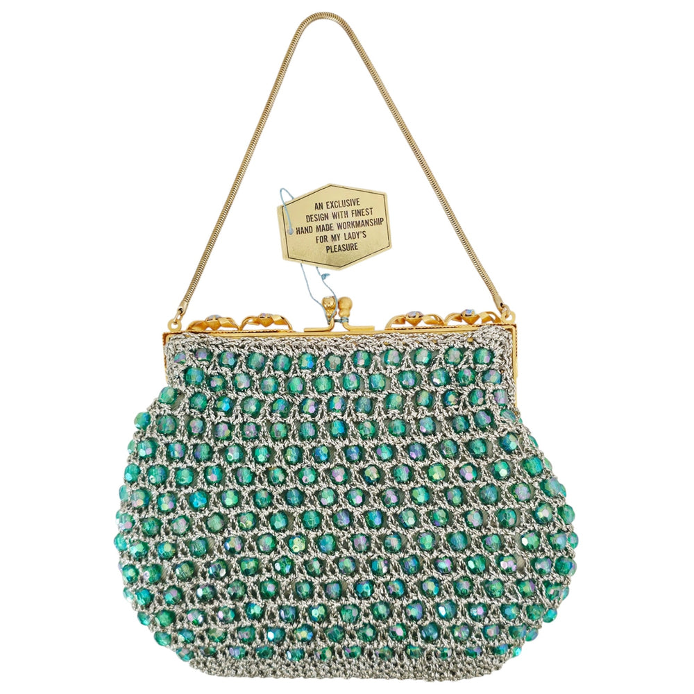 VINTAGE *NEW* 1960's Hand-Made Fancy Beaded Purse Green with Gold Strap