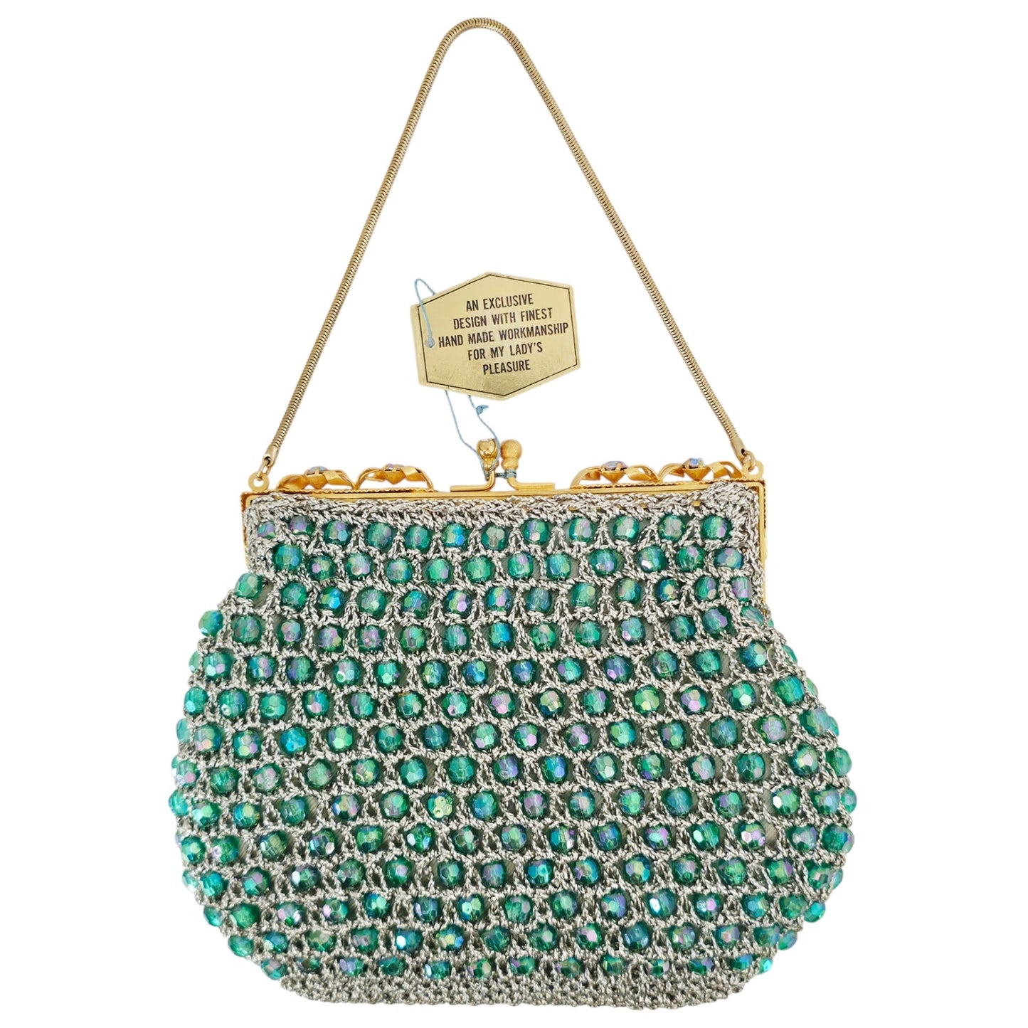 VINTAGE *NEW* 1960's Hand-Made Fancy Beaded Purse Green with Gold Strap
