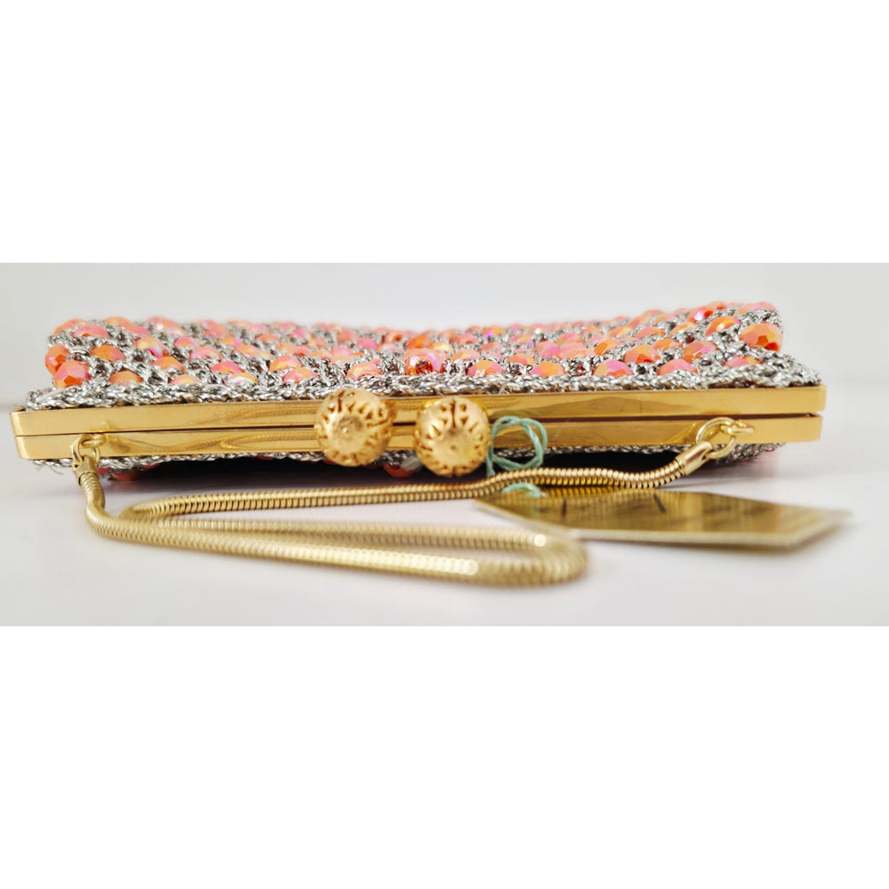 VINTAGE *NEW* 1960's Hand-Made Fancy Beaded Purse Orange & Pink with Gold Strap