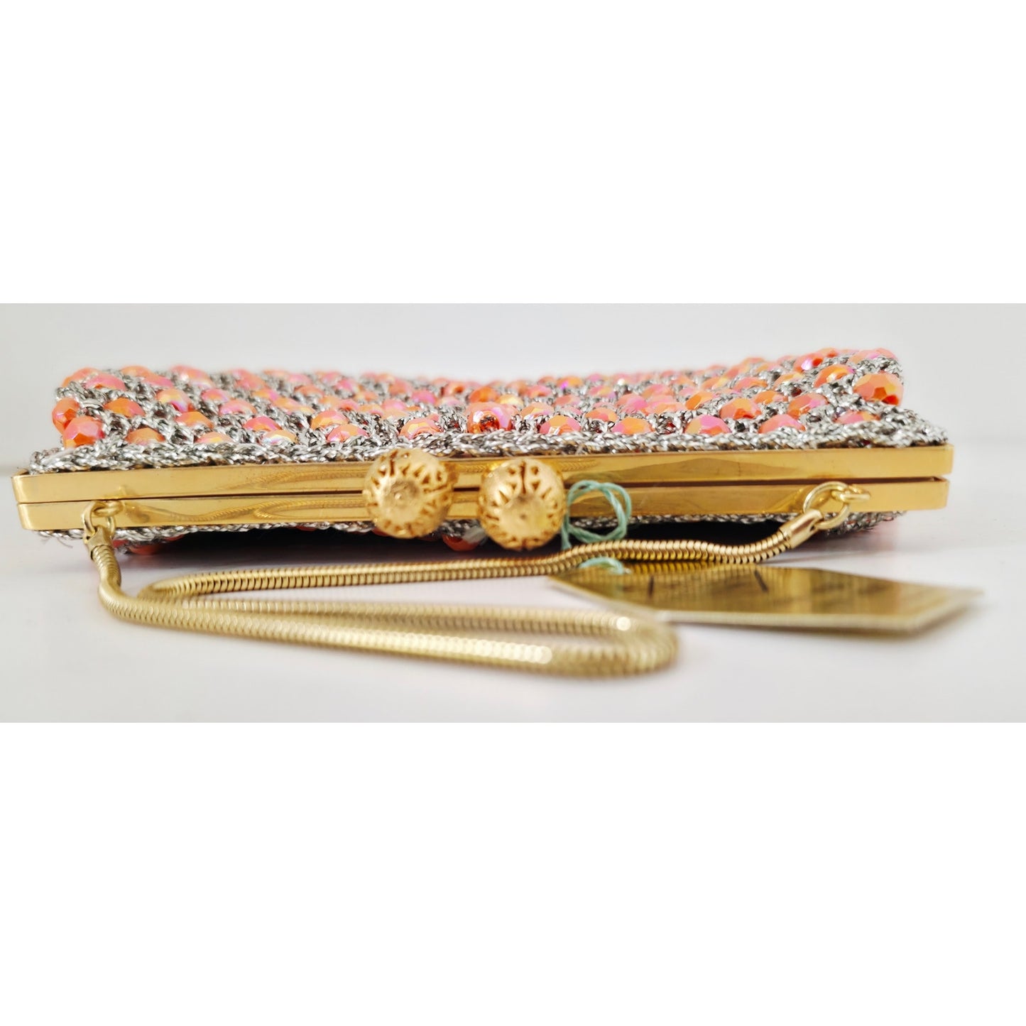 VINTAGE *NEW* 1960's Hand-Made Fancy Beaded Purse Orange & Pink with Gold Strap