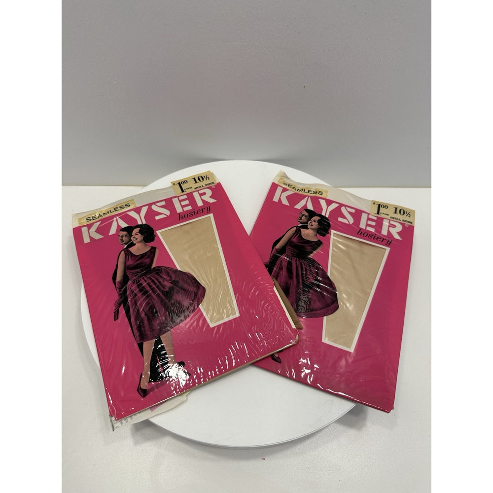 VINTAGE *NEW* 1960's Kayser Hosiery Seamless-Shell Beige Sz 10.5 2-Pack