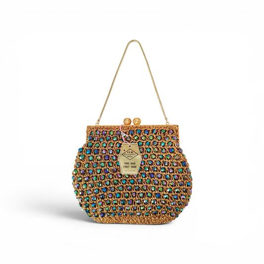 VINTAGE *NEW* 1960's Hand-Made Fancy Beaded Purse Multi-color with Gold Strap